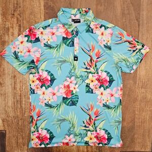 Bad Birdie Golf Polo Mens Medium Blue Floral Tropical Birds of Paradise